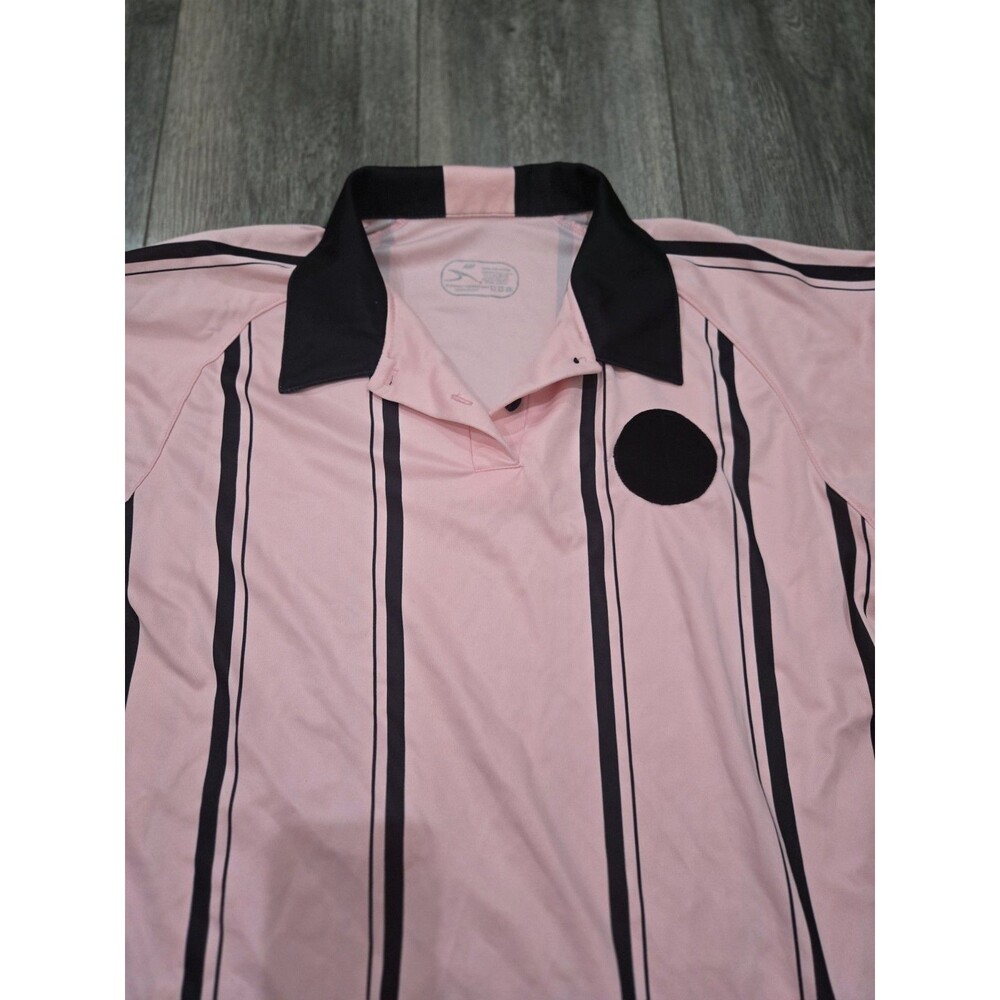 Adult Medium Soccer Referee Jersey Pink Black Stripe Athletic Performance Shirt - Picture 2 of 4